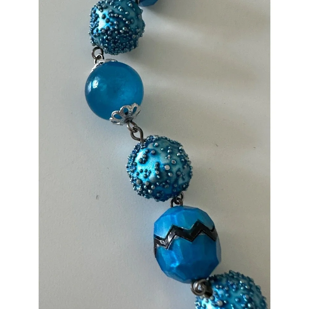 VTG Sugar Caged Beaded‎ Necklace Aqua Blue Horseshoe Pendant Crystals Hong Kong